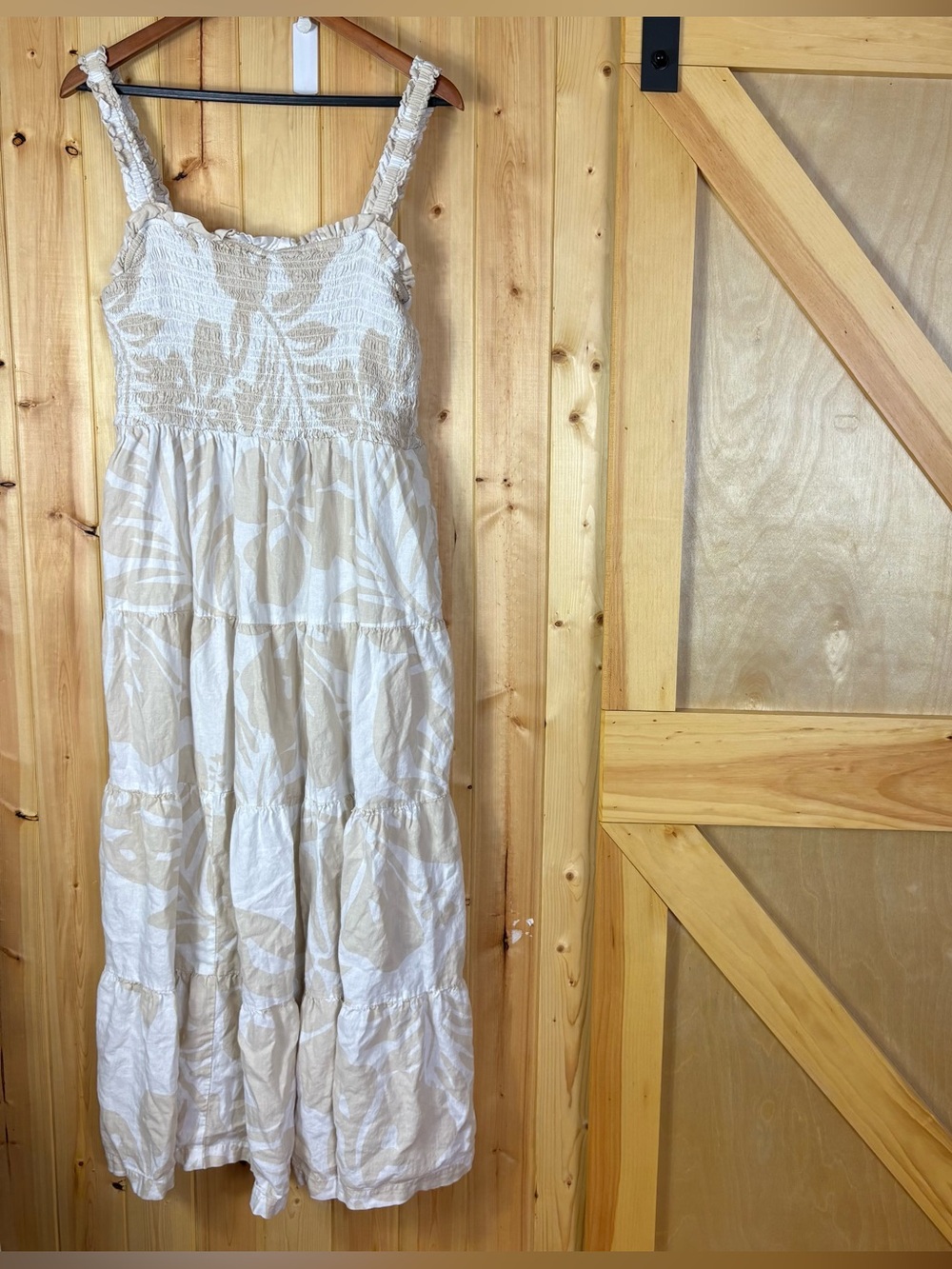 Gap Womens XXL Cream Beige Floral Linen Blend Smocked Tiered Maxi Dress ruffles - Picture 2 of 14